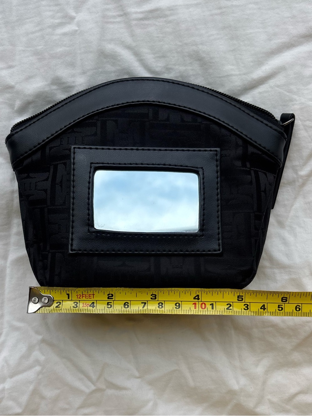 NWT ELLE Black Monogram Cosmetic Bag Makeup Pouch w/ Built-In Mirror - Picture 7 of 11